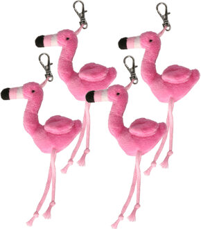 Knuffeldier Flamingo vogel sleutelhanger - 4x - pluche knuffeltjes - roze - 6 cm