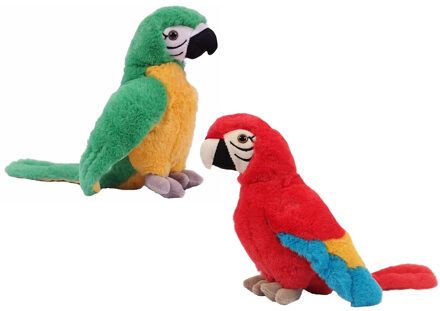 Knuffeldier Papegaaien - set 2x - zachte pluche stof - premium knuffels - groen/rood - 24 cm