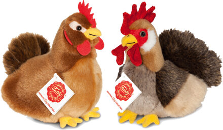 Knuffeldieren set Haan/Kip - zachte pluche stof - premium kwaliteit knuffels - lichtbruin - 17 cm