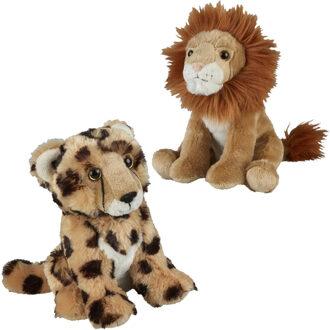 Knuffeldieren set leeuw en cheetah luipaard pluche knuffels 18 cm - Knuffeldier Multikleur