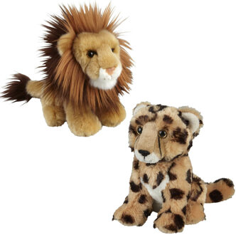 Knuffeldieren set leeuw en cheetah luipaard pluche knuffels 18 cm - Knuffeldier Multikleur