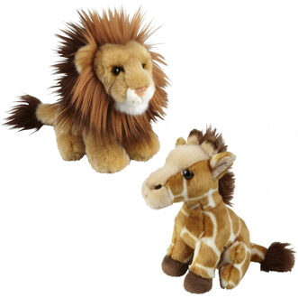 Knuffeldieren set leeuw en giraffe pluche knuffels 18 cm - Knuffeldier Wit