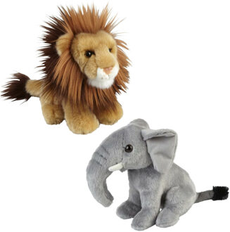 Knuffeldieren set leeuw en olifant pluche knuffels 18 cm - Knuffeldier Bruin