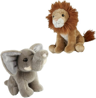 Knuffeldieren set leeuw en olifant pluche knuffels 18 cm - Knuffeldier Multikleur