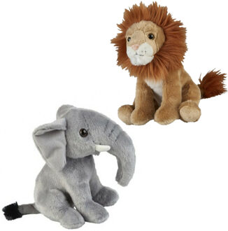 Knuffeldieren set leeuw en olifant pluche knuffels 18 cm - Knuffeldier Multikleur