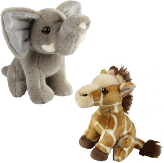 Knuffeldieren set olifant en giraffe pluche knuffels 18 cm - Knuffeldier Bruin