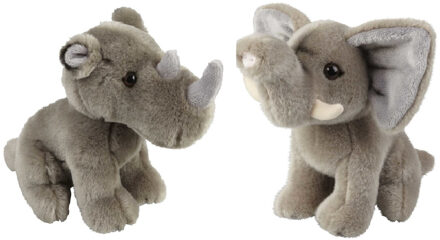 Knuffeldieren set olifant en neushoorn pluche knuffels 18 cm