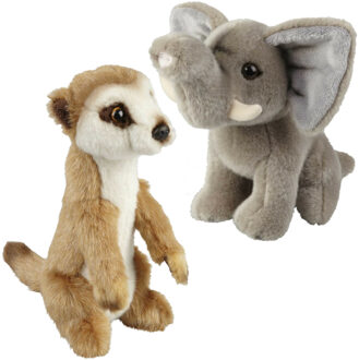 Knuffeldieren set olifant en stokstaartje pluche knuffels 18 cm - Knuffeldier Grijs