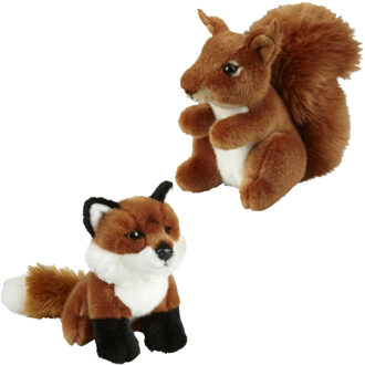 Knuffeldieren set vos en eekhoorn pluche knuffels 18 cm - Knuffel bosdieren Multikleur