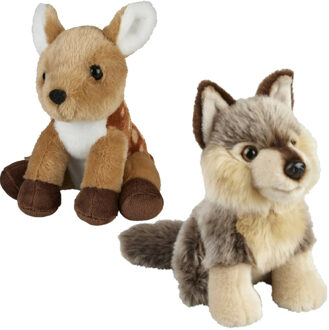 Knuffeldieren set wolf en hertje pluche knuffels 18 cm - Knuffeldier Grijs