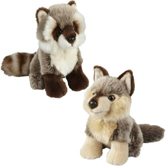 Knuffeldieren set wolf en wasbeer pluche knuffels 18 cm - Knuffel bosdieren Grijs