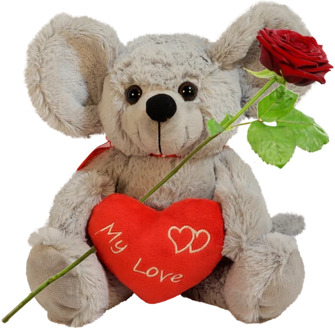 Knuffelige grijze muis ca. 28cm met rood hart