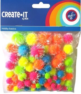 Knutsel pompoms - 75x -neon gekleurd - glitters - 0,8 tot 2,3 cm - Hobby decoratie materiaal Multi