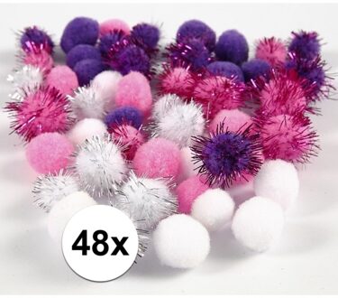 Knutsel pompons - 48x - wit/roze/paars - 15-20 mm - hobby bolletjes - ponpons