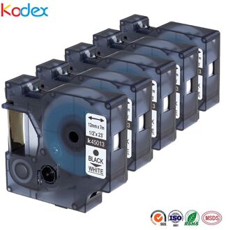 Kodex 5 stuks DYMO Label Tape 12mm zwart op wit compatibel Dymo D 45013 voor LabelManager printer gelamineerd printer linten
