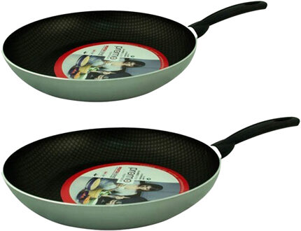 Koekenpan/hapjespan - 2x stuks - zilver - dia 26/22 cm - anti-aanbaklaag - alle warmtebronnen