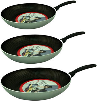 Koekenpan/hapjespan - 3x stuks - zilver - dia 30/26/22 cm - anti-aanbaklaag - alle warmtebronnen