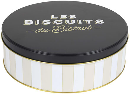 Koektrommel Les Biscuits - beige/zwart - 22 x 7 cm - 1700 ML - bewaarblik met deksel - metaal - rond
