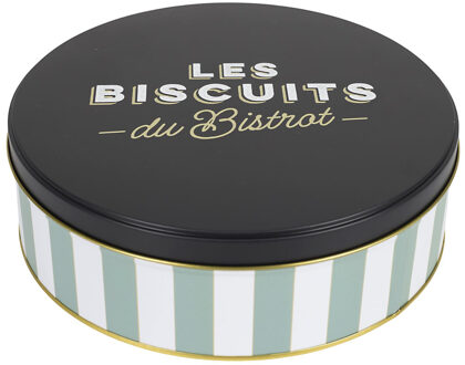Koektrommel Les Biscuits - groen/zwart - 22 x 7 cm - 1700 ML - bewaarblik met deksel - metaal - rond