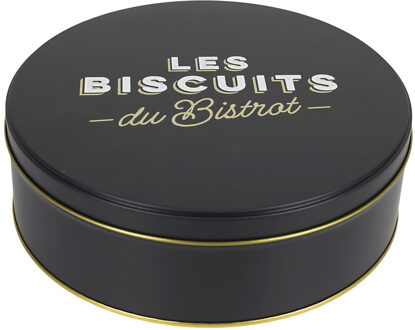 Koektrommel Les Biscuits - zwart - 22 x 7 cm - 1700 ML - bewaarblik met deksel - metaal - rond