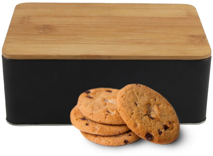 Koektrommel Ventura - zwart met bamboe deksel - 1700 ml - 19 x 13 x 7 cm - metaal