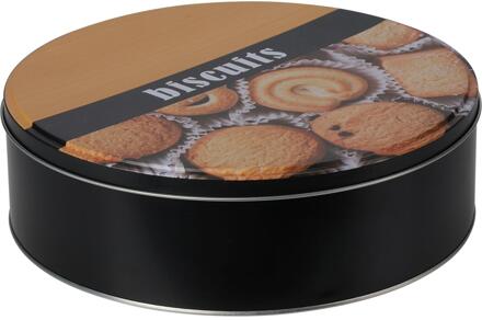 koektrommel/voorraadblik Biscuits - metaal - zwart/bruin - 22 x 6.5 cm - Voorraadblikken