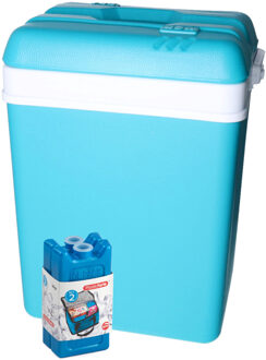 Koelbox met koelelementen - 25 liter - kunststof - blauw - 30 x 22 x 39 cm