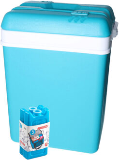 Koelbox met koelelementen - 25 liter - kunststof - blauw - 30 x 22 x 39 cm