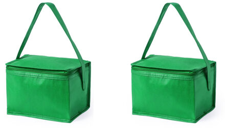 Koeltas - 2x - klein - lunch / blikjes - groen - 21 x 15 x 15 cm - draagriem - 4 liter inhoud