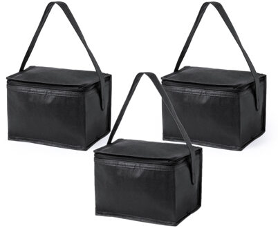 Koeltas - 3x - klein - lunch / blikjes - zwart - 21 x 15 x 15 cm - draagriem - 4 liter inhoud