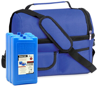 Koeltas blauw met schouderriem - 25 x 24 x 15 cm - met 3x stuks koelelementen