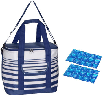 Koeltas draagtas schoudertas blauw/wit gestreept met 2 stuks flexibele koelelementen 12 liter