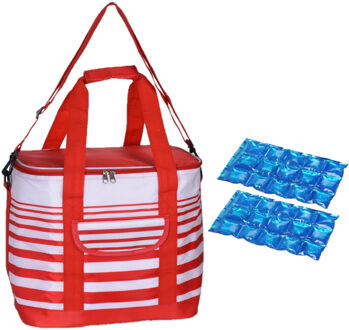 Koeltas draagtas schoudertas rood/wit gestreept met 2 stuks flexibele koelelementen 12 liter