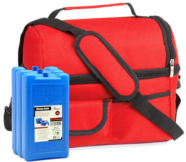 Koeltas rood met schouderriem - 25 x 24 x 15 cm - met 3x stuks koelelementen