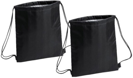 Koeltas rugzak in het zwart - 2x stuks - 27 x 33 cm - koeltassen met koordje - lunch rugtasje