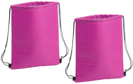 Koeltasje rugzak met draagkoord - 2x stuks - roze - 32 x 42 cm - drankjes/lunch rugtas - polyester/a