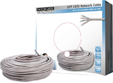 König CAT6 Netwerkkabel op Haspel UTP 50.0 m Grijs Stranded