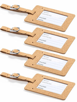 Kofferlabel van eco friendly kurk - 4x - beige - 10 x 6 cm - reiskoffer/handbagage labels - bandje m