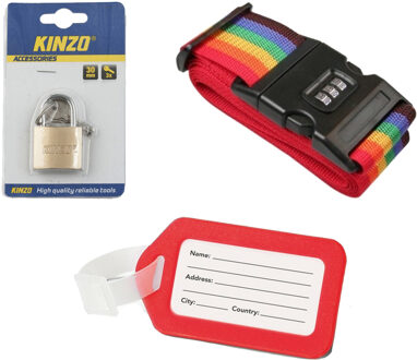 Kofferriem incl. bagagelabel kunststof rood en hangslot - Kofferriemen Multikleur