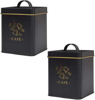 Koffie bewaarblik - 2x - metaal - zwart/print - 11 x 19 cm - 500 gram - cups bewaar pot/houder