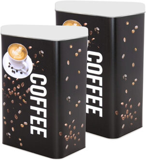 Koffie / bewaarblik - 2x stuks - zwart - koffie print - 19 en 16 cm