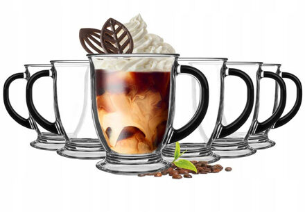 Koffie glazen - 6x - met oor - zwart - 400 ml - latte macchiato glazen
