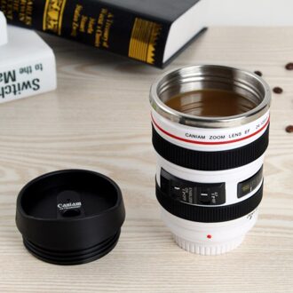 Koffie Mok Cup Mokken Creatieve SLR Camera Lens Plastic Rvs Milieuvriendelijke Thee Water Cup Met Deksel wit