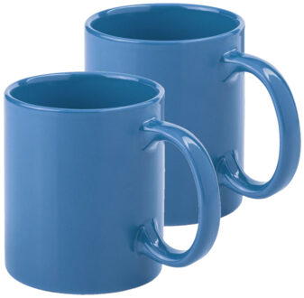 Koffie mokken/bekers - 2x - keramiek - glans - met oor - blauw - 370 ml