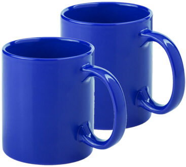 Koffie mokken/bekers - 2x - keramiek - glans - met oor - blauw - 370 ml