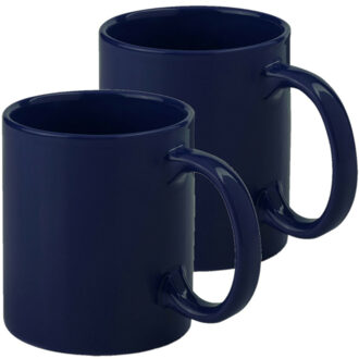 Koffie mokken/bekers - 2x - keramiek - glans - met oor - navy - 370 ml
