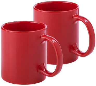 Koffie mokken/bekers - 2x - keramiek - glans - met oor - rood - 370 ml