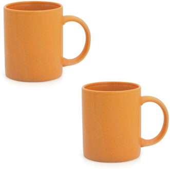 Koffie mokken/bekers - 4x - keramiek - glans - met oor - oranje - 370 ml