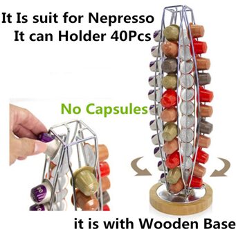 Koffie Pod Houder Met Houten Basis Draaibaar Plating Roestvrij Capsule Metalen Rek Opslag 40Pcs Nespresso Koffie Pak Set