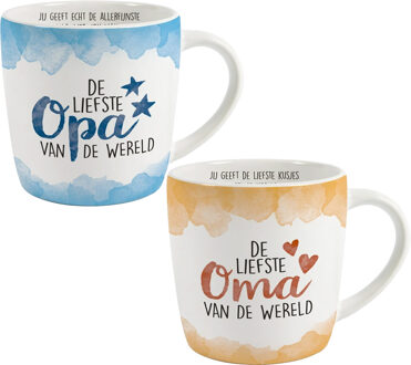 Koffie/thee mok cadeau set - lieve opa en oma - wit/oranje/blauw - porselein - 300 ml